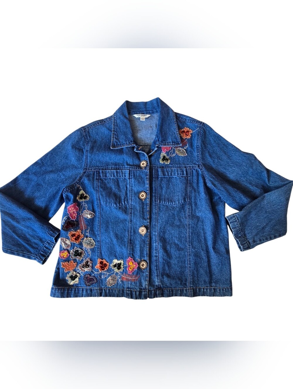 Vintage 90s Tantrums Fall Boho Embroidered Denim Jacket Size Large